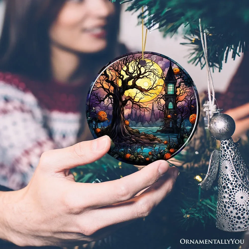 Spooky Tree & Haunted House Stained Glass Style Ceramic Ornament, Halloween The